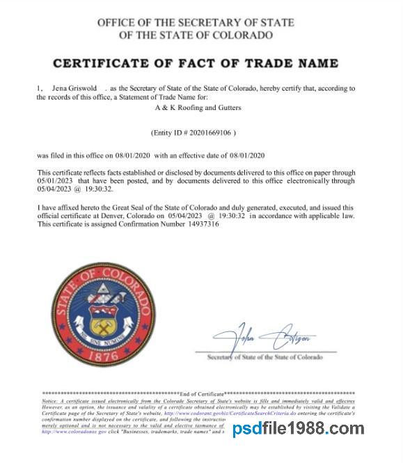 USA Colorado Certificate of Fact of Trade Name